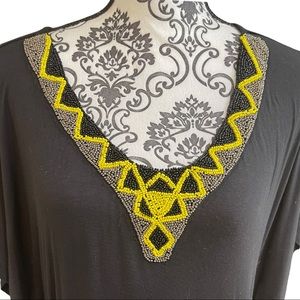 Maternity dress. Long black maxi dress, matching sash, beautiful yellow beading.